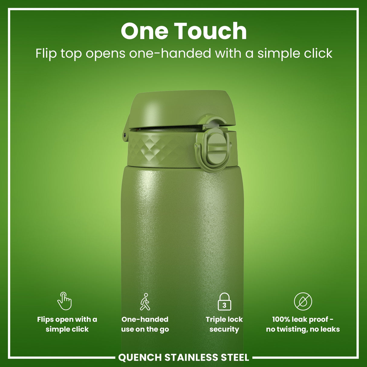 Leak Proof 1 Litre Water Bottle, Stainless Steel, Khaki Green, 1L