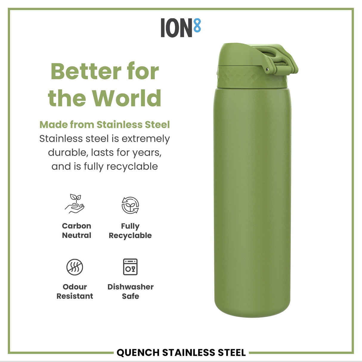Leak Proof 1 Litre Water Bottle, Stainless Steel, Khaki Green, 1L
