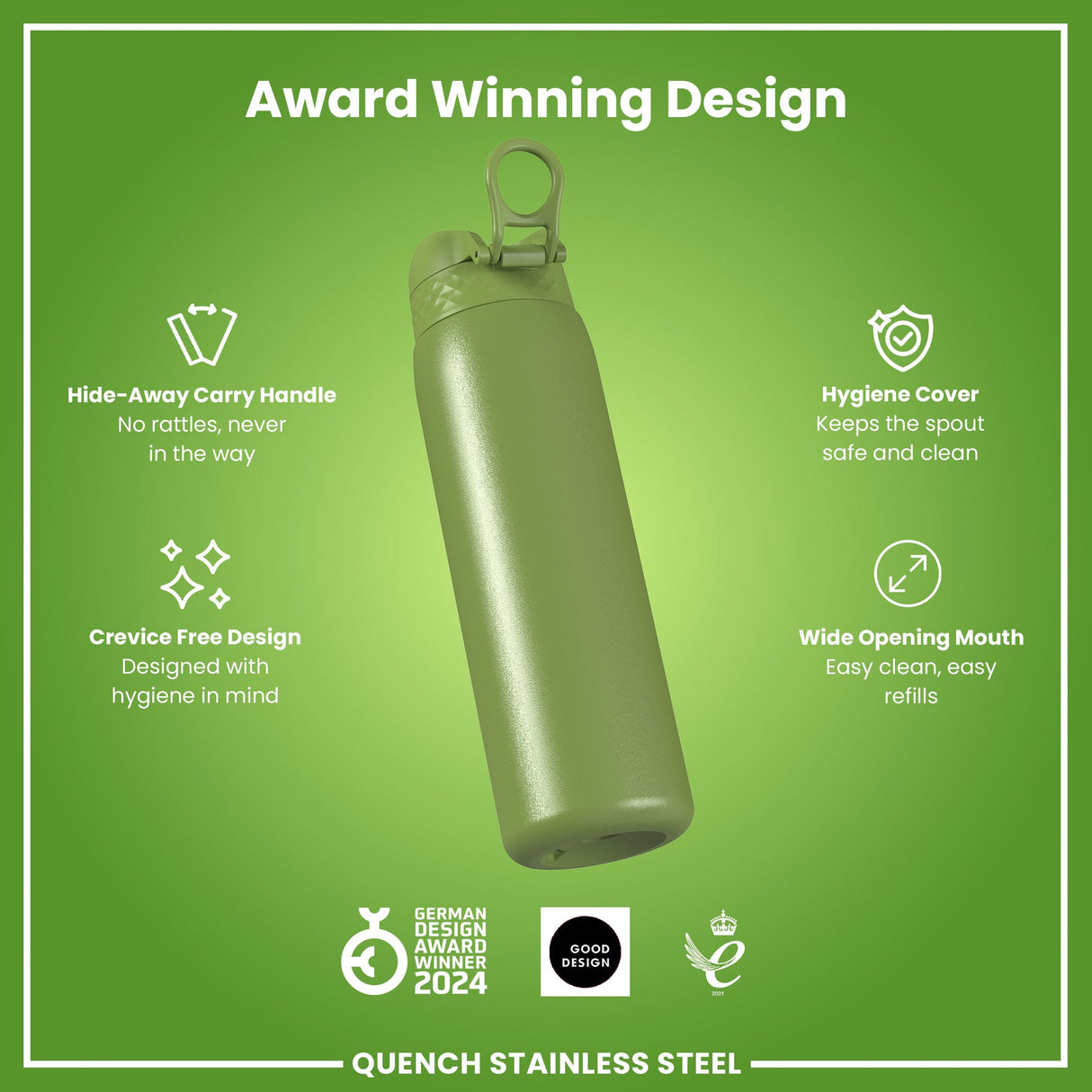 Leak Proof 1 Litre Water Bottle, Stainless Steel, Khaki Green, 1L