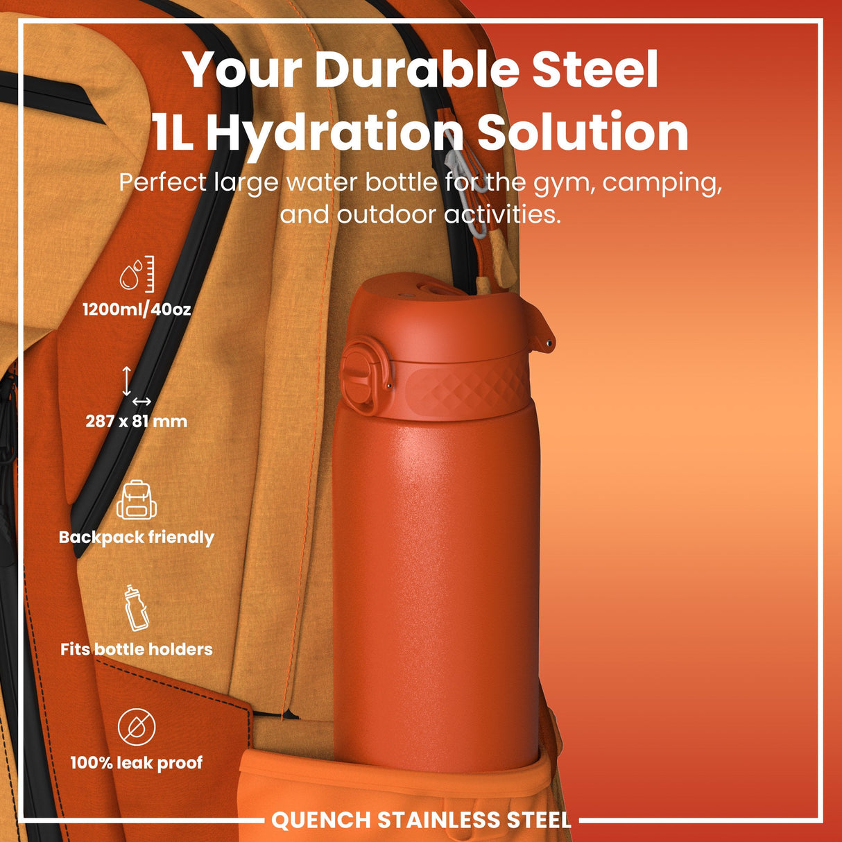 Leak Proof 1 Litre Water Bottle, Stainless Steel, Hearty Orange, 1L