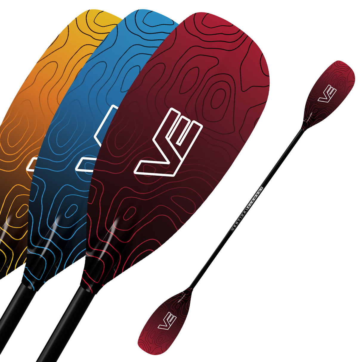 Set of three paddle blades with a brand logo on a white background