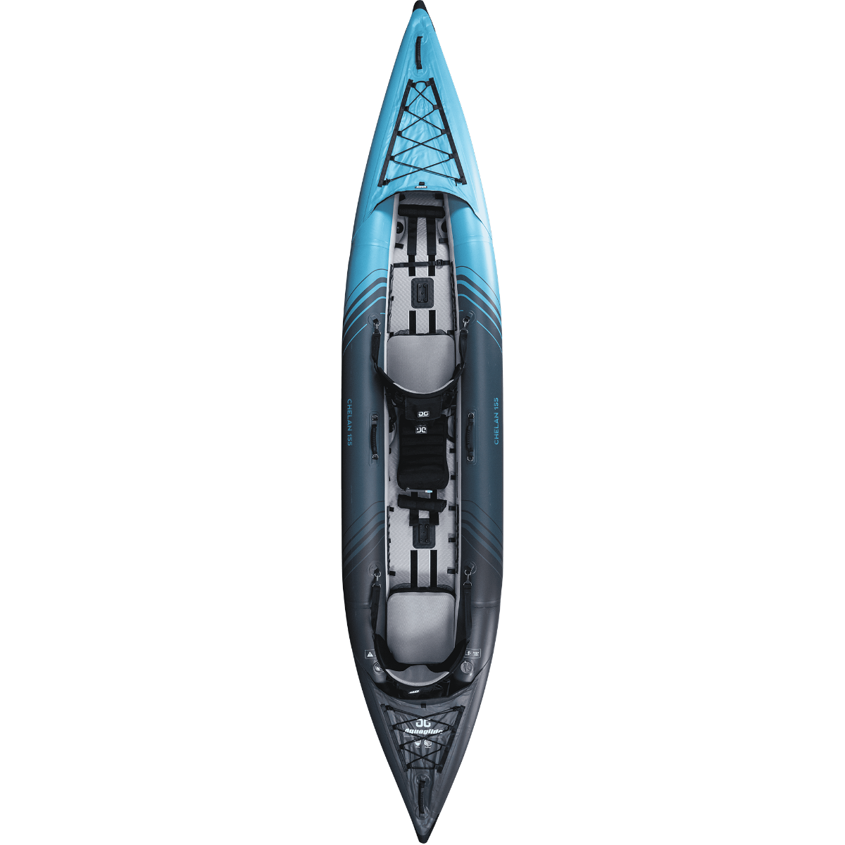 Top view of an Aquaglide Chelan 155 inflatable kayak in studio