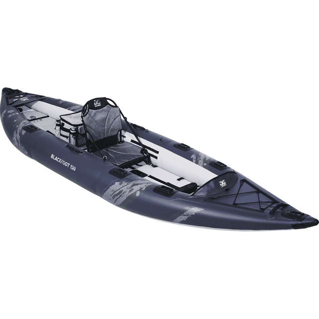 Aquaglide Blackfoot 130 Inflatable fishing kayak studio shot at an angle