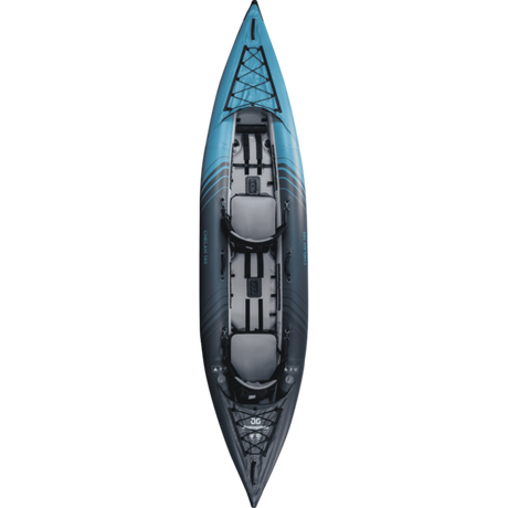 Top down studio shot of an Aquaglide Chelan 140 tandem inflatable kayak