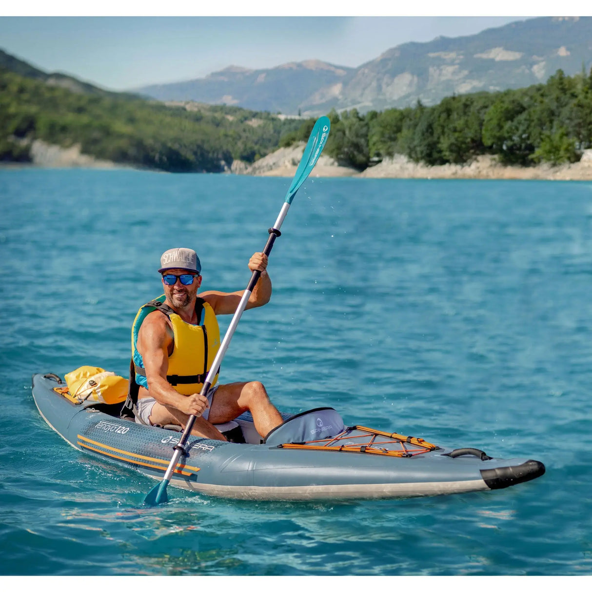 Spinera Tenaya 120 Single person drop stitch kayak in use on the water