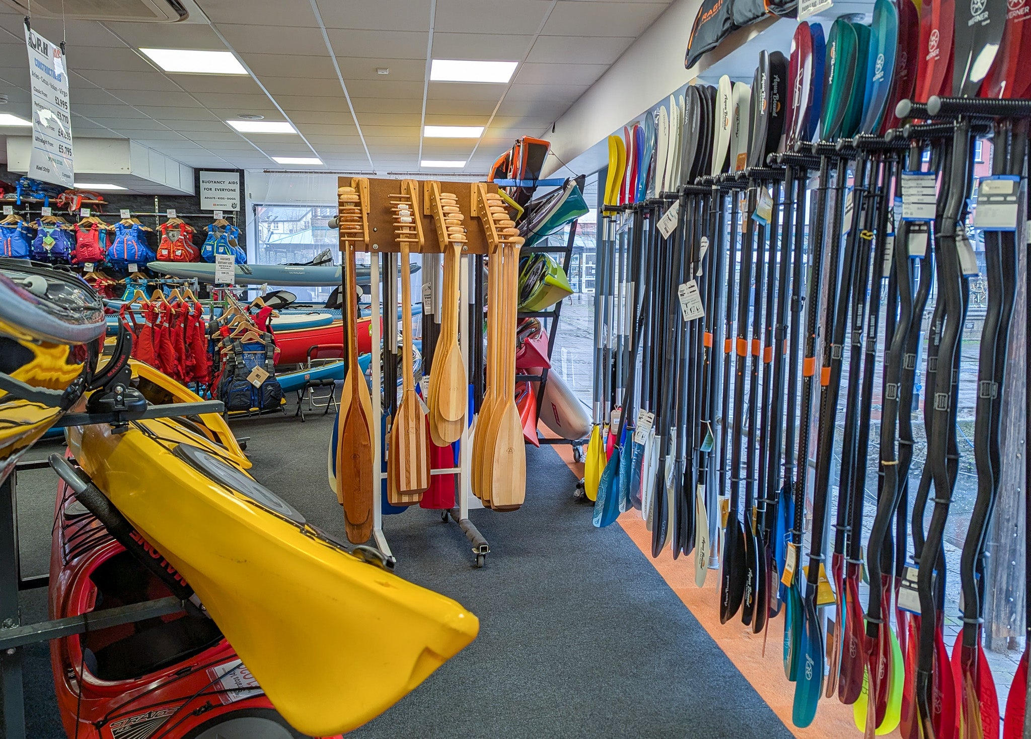 Kayak paddle display in store in exeter